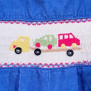 Tow Truck Cars Smocked Corduroy Longall Romper Blue White Cotton Toddler Boys 3T